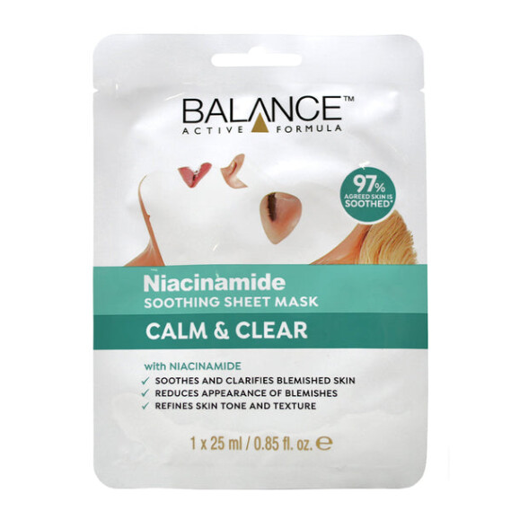 BALANCE ACTIVE FORMULA  97% AGREED SKIN IS SOOTHED  Niacinamide  SOOTHING SHEET MASK  CALM & CLEAR  with NIACINAMIDE  SOOTHES AND CLARIFIES