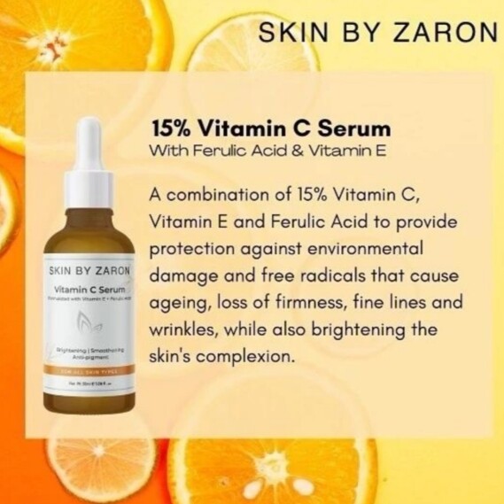 SKIN BY ZARON  15% Vitamin C Serum  Formulated with Vitamin E + Ferulic Acid  Brightening  Smoothening  Anti-pigment  FOR ALL SKIN TYPES